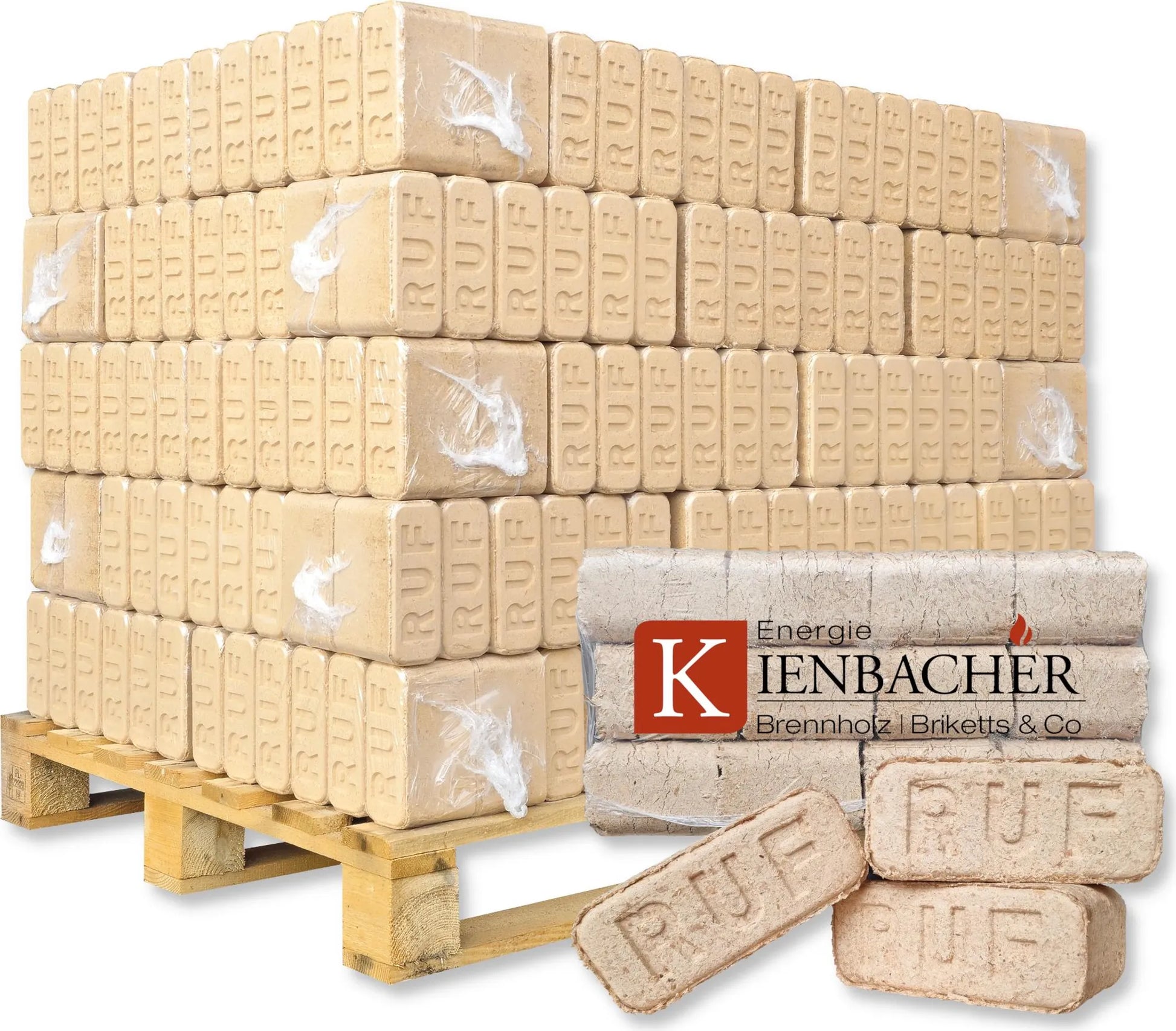 600 kg RUF Briketts Hartholzbriketts aus Buche und/oder Eiche – 60 x 10 kg Holzbrikett auf Palette – Energie Kienbacher