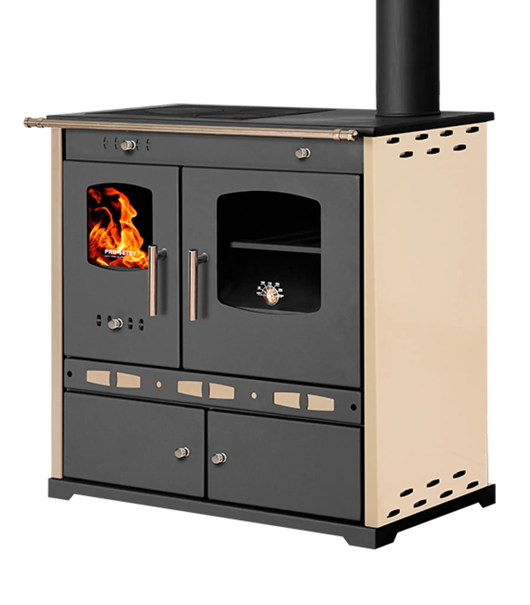 Holzofen P. Eco LUX Ivory – 7.38 kW Gusseisenplatte Kochherd Kaminofen