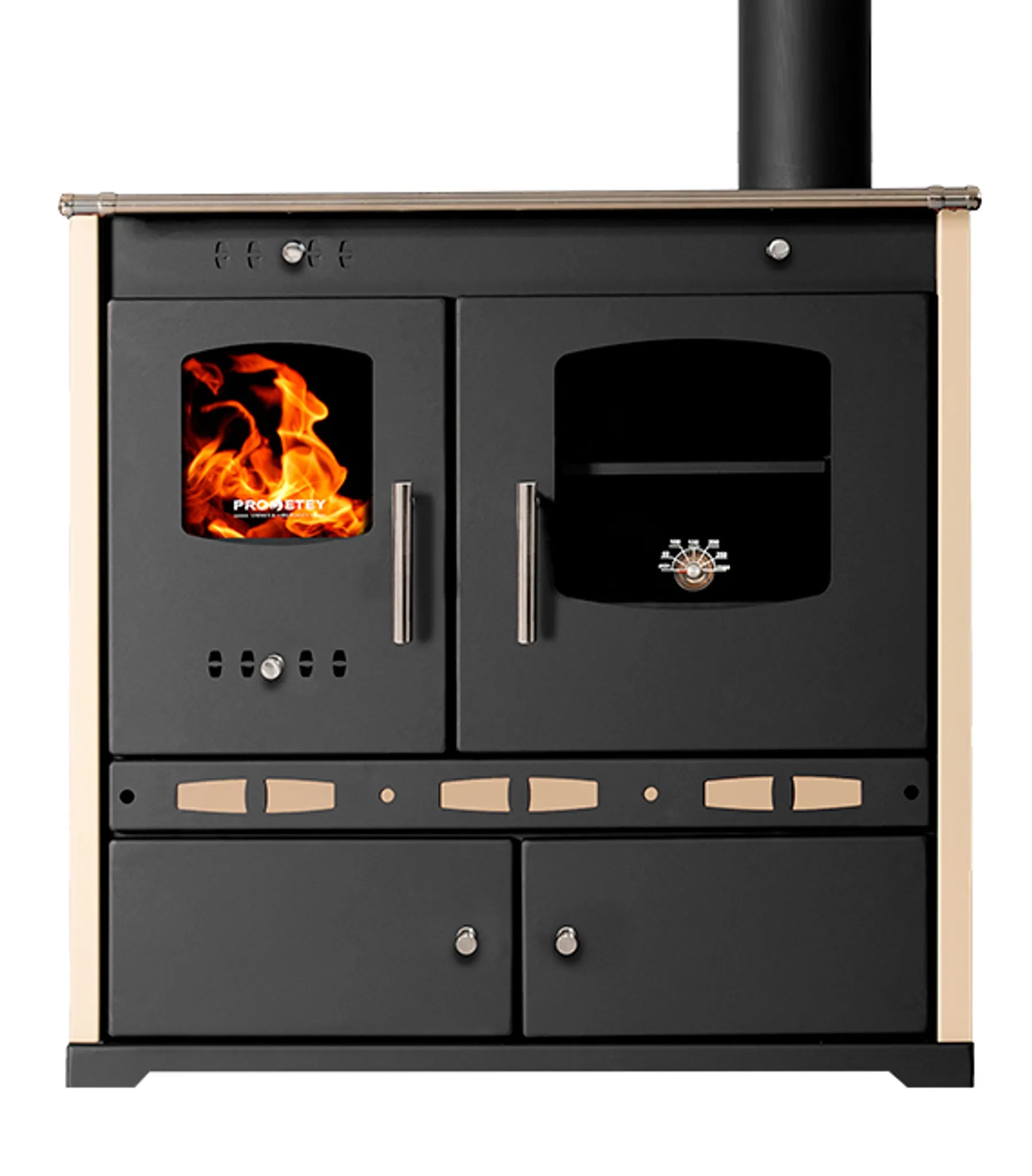 Holzofen P. Eco LUX Ivory – 7.38 kW Gusseisenplatte Kochherd Kaminofen