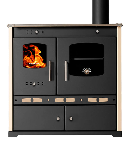 Holzofen P. Eco LUX Ivory – 7.38 kW Gusseisenplatte Kochherd Kaminofen